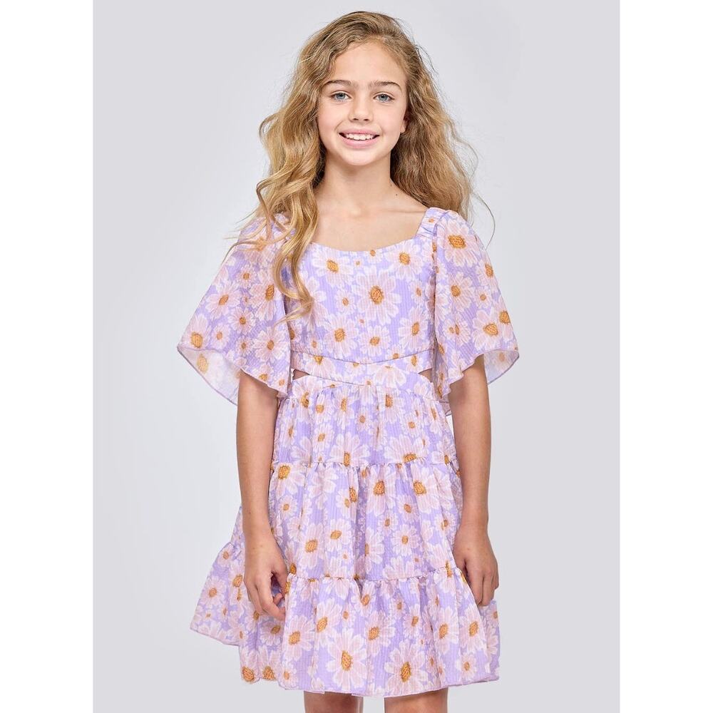 NWOT Truly Me by Sara Sara Daisy Flower Tiered Flutter Dress, Purple, Girls 12 - Picture 2 of 8